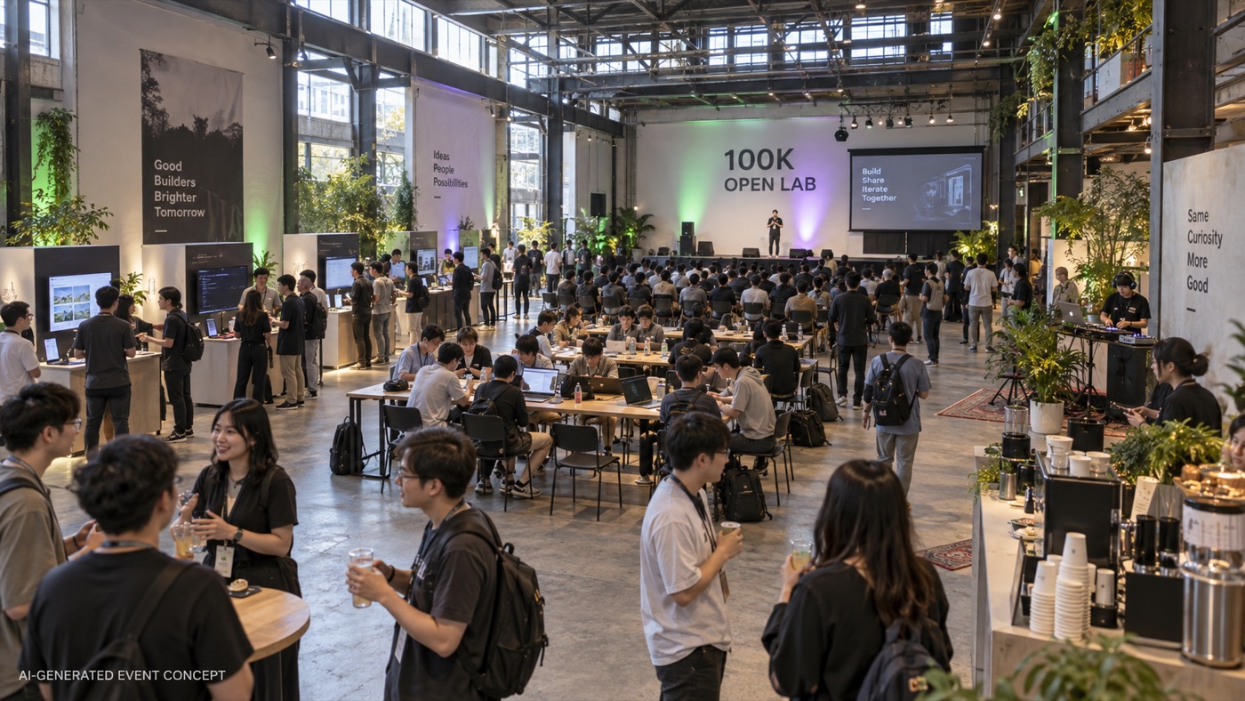 AI 生成活動情境示意：大型開放空間中，參加者在展示區、創作桌和交流區互動