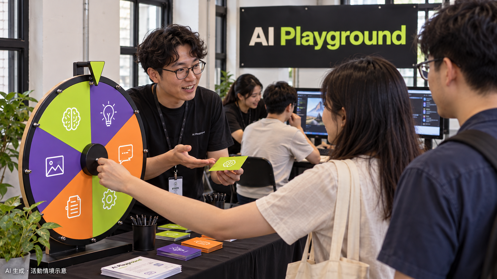 AI 生成 AI Playground 情境示意：參加者轉輪盤抽任務，志工在電腦體驗桌旁協助操作
